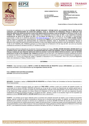 FORMATO 74 Aviso de Renovación de Registro 2024 Elmo Alanis Valdez Pagina 1 WEB